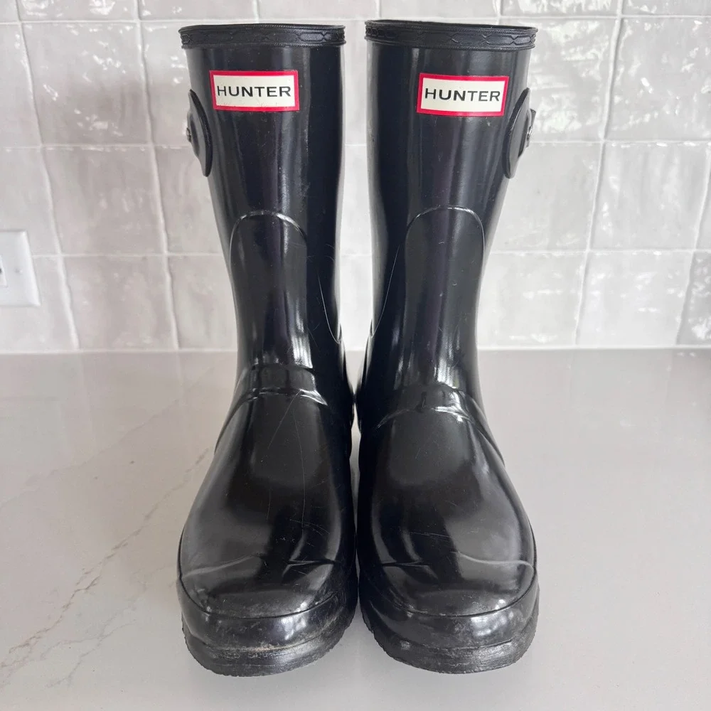 Hunter Original Short Gloss Rain Boots‎ Women Size 9 Black WFS1000RGL